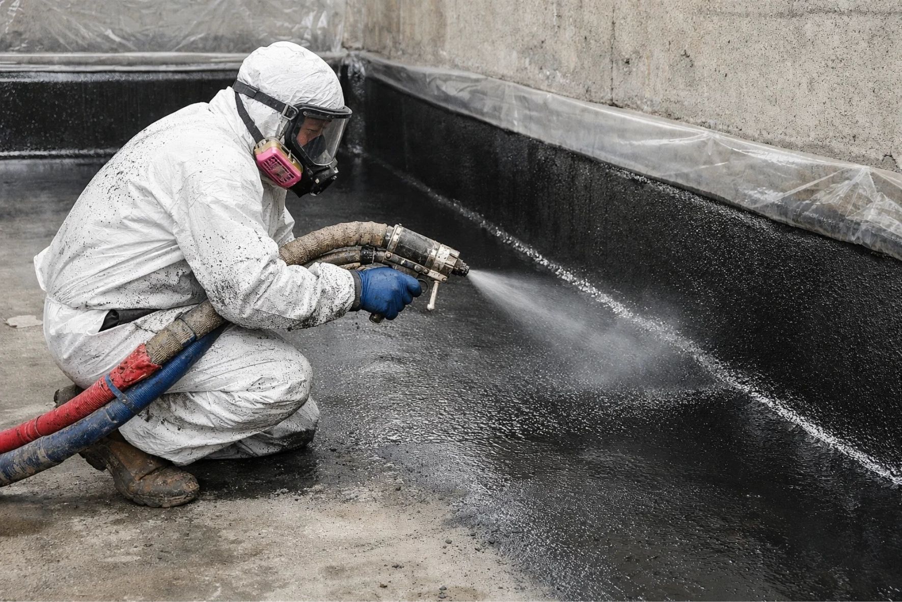 Application par pulvérisation d’un revêtement sombre sur une surface verticale en béton, dans un environnement de chantier pour bâtiments à Delson