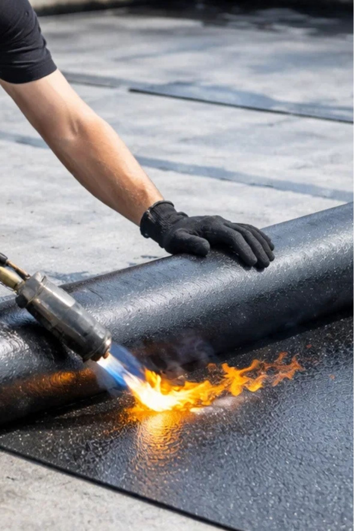 Surface plane recouverte d’un revêtement sombre continu sur un chantier extérieur, illustrant une zone protégée contre l’eau pour bâtiments à Sutton