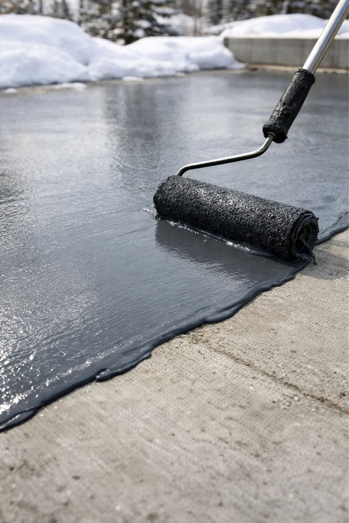 Personne équipée de protection appliquant un revêtement sombre sur une surface en béton, dans un environnement de chantier pour bâtiments à Windsor